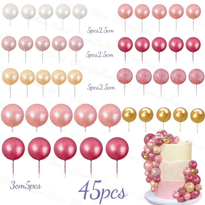 45db csillogó tortafeltét golyós szett Gyöngy rózsaszín rózsa arany golyós tortafeltétek születésnapi bulihoz babaváró esküvői dekorációhoz
