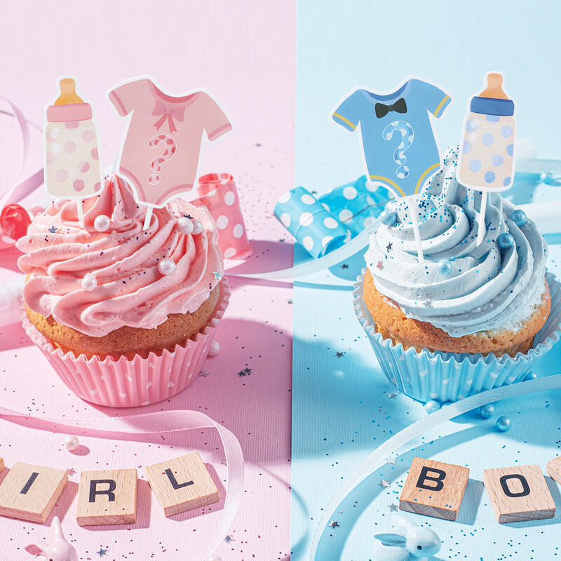 12db Fiús vagy Lányos Cupcake Toppers Csillogó Onesie Jumpsuit Baby Shower Gyerekek Születésnapi Nem Felfedez Buli Torta dekorációs Kellék