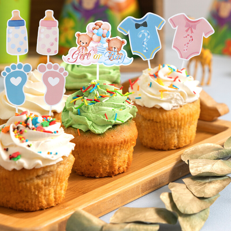 12db Fiús vagy Lányos Cupcake Toppers Csillogó Onesie Jumpsuit Baby Shower Gyerekek Születésnapi Nem Felfedez Buli Torta dekorációs Kellék