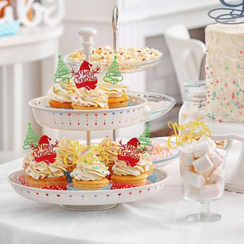 24 db karácsonyi tortafeltét 3 dizájn csillogó tortafeltét karácsonyfa hóember asztal középső ételválogatás Cupcake dekoráció
