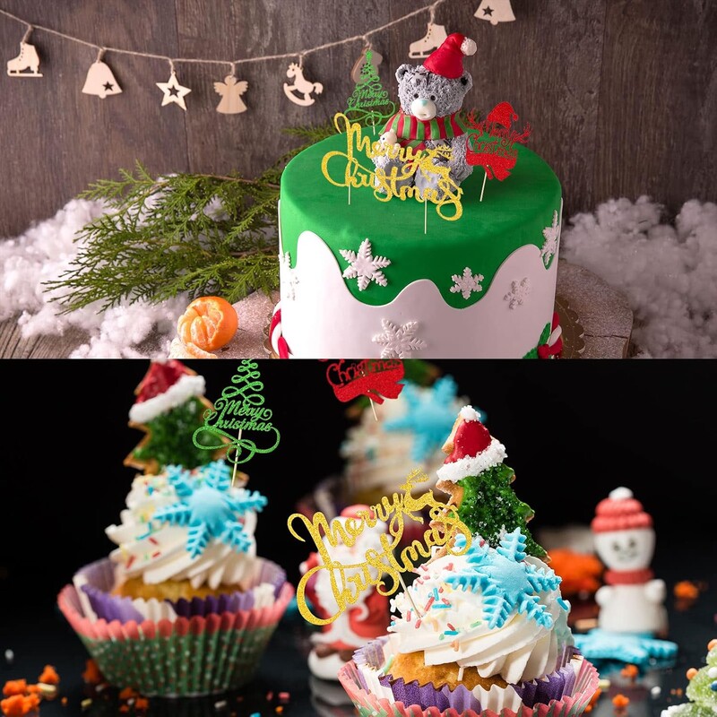 24 db karácsonyi tortafeltét 3 dizájn csillogó tortafeltét karácsonyfa hóember asztal középső ételválogatás Cupcake dekoráció