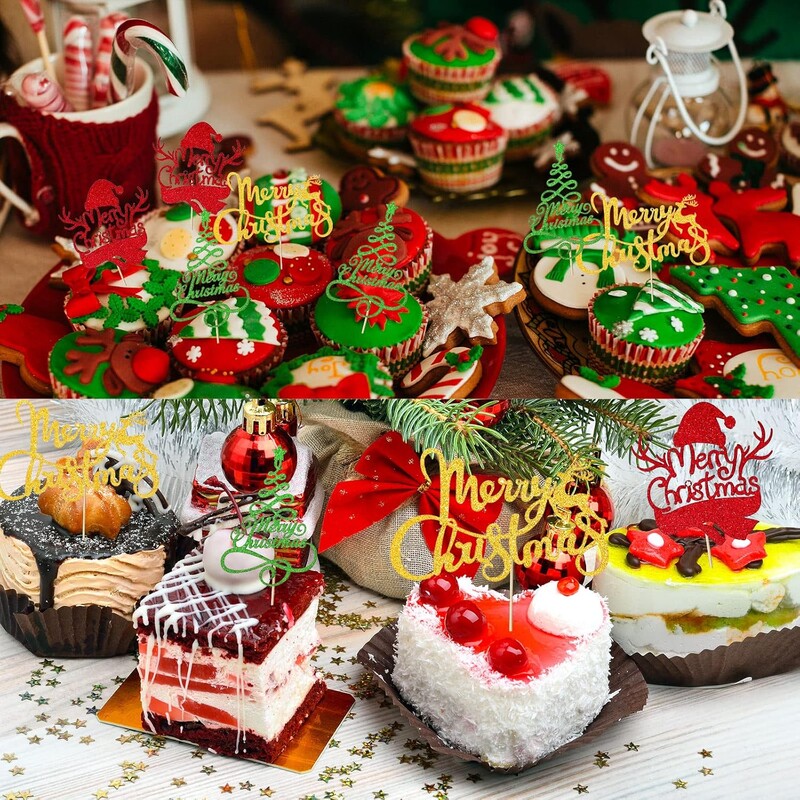 24 db karácsonyi tortafeltét 3 dizájn csillogó tortafeltét karácsonyfa hóember asztal középső ételválogatás Cupcake dekoráció