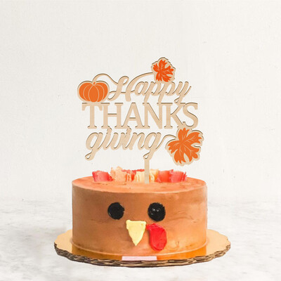 Happy Thanksgiving Cake Topper σε ξύλινη διακόσμηση τούρτας για το πάρτι των ευχαριστιών με στάμπα με κολοκύθα και φύλλα