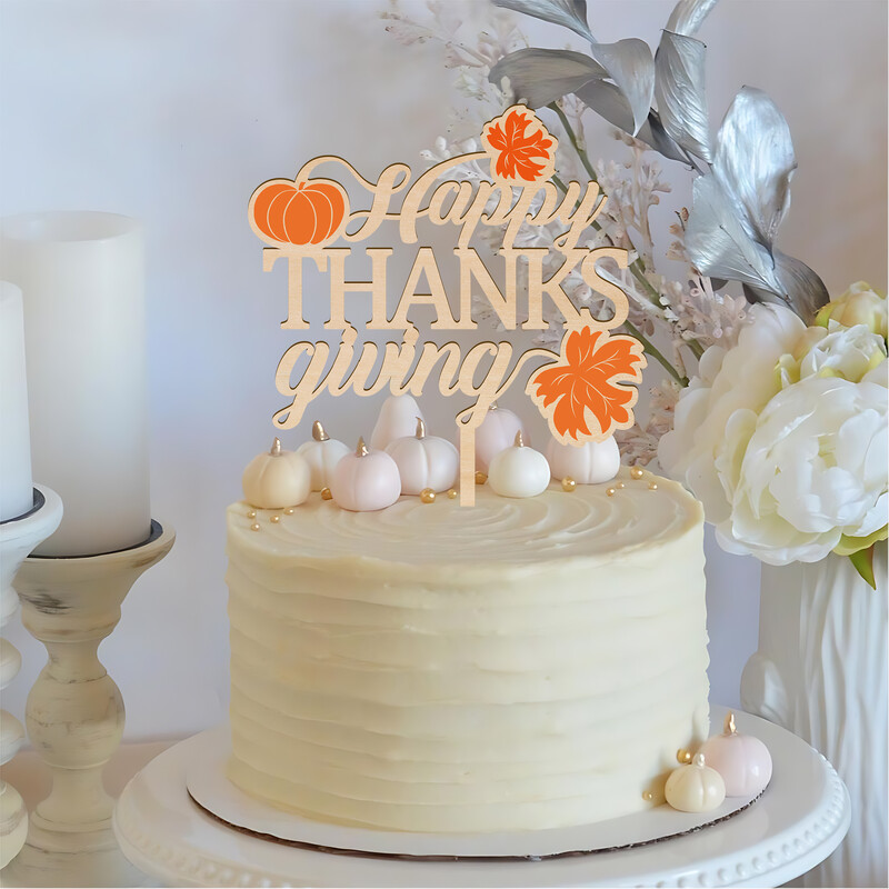Boldog hálaadási tortadísz fából Hálaadás ünnepi tortadísz tökkel és levelekkel nyomtatva