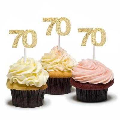 12 τμχ Gold Glitter Number 30 40 50 60 70 Cupcake Toppers for 30th 40th 50th 60th 70th Birthday Party Cake Decoration