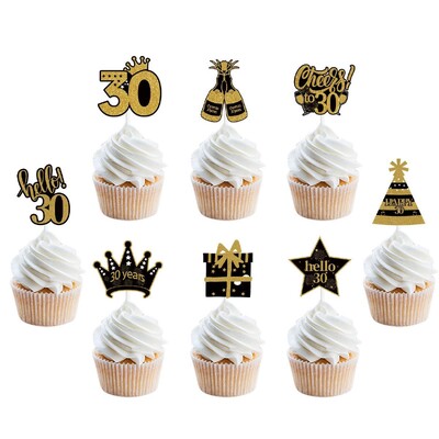 12 τμχ Gold Glitter Number 30 40 50 60 70 Cupcake Toppers for 30th 40th 50th 60th 70th Birthday Party Cake Decoration