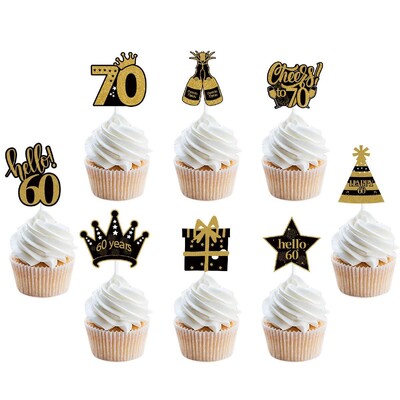 12 τμχ Gold Glitter Number 30 40 50 60 70 Cupcake Toppers for 30th 40th 50th 60th 70th Birthday Party Cake Decoration