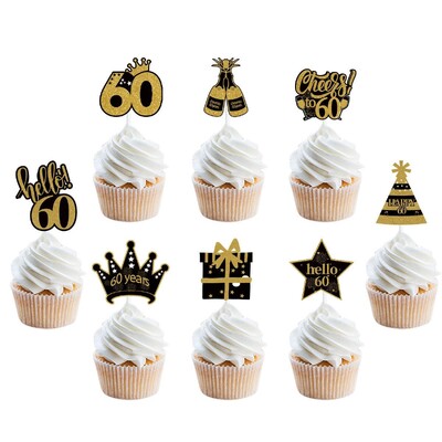 12 τμχ Gold Glitter Number 30 40 50 60 70 Cupcake Toppers for 30th 40th 50th 60th 70th Birthday Party Cake Decoration