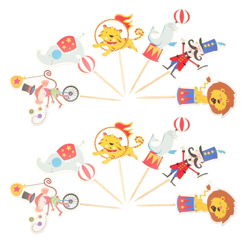 48 db cirkuszi torta betét Születésnapi buli Elefánt Cupcake Toppers Állati Delfin Karneváli Téma Dekorációk Papír