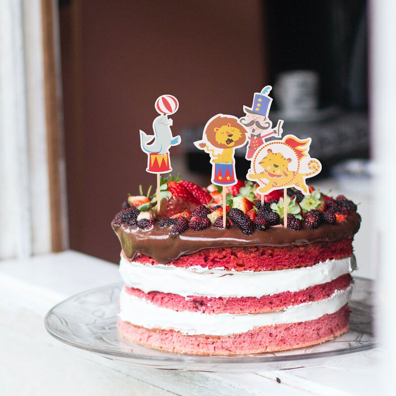 48 db cirkuszi torta betét Születésnapi buli Elefánt Cupcake Toppers Állati Delfin Karneváli Téma Dekorációk Papír