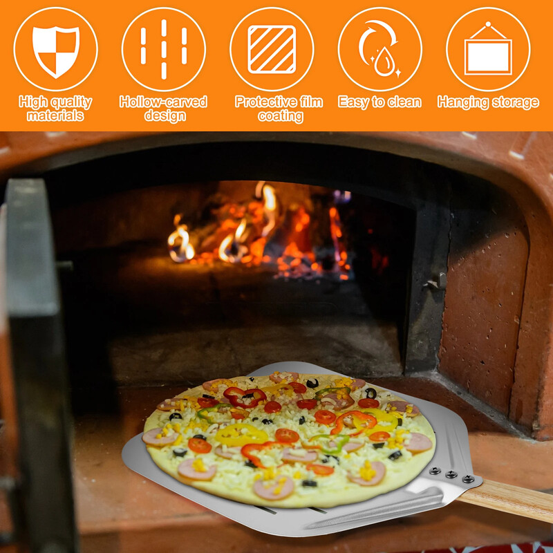 Lopată pentru pizza din aliaj de aluminiu de 12 inch cu mâner din lemn Lopată pentru pizza perforată antiaderentă Instrument de copt