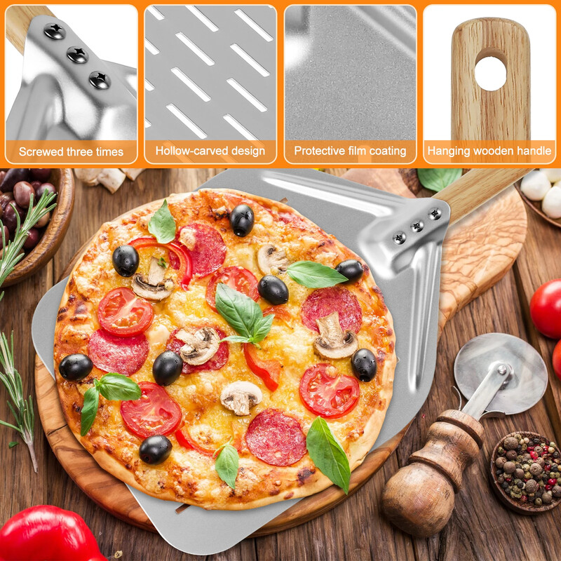 Lopată pentru pizza din aliaj de aluminiu de 12 inch cu mâner din lemn Lopată pentru pizza perforată antiaderentă Instrument de copt