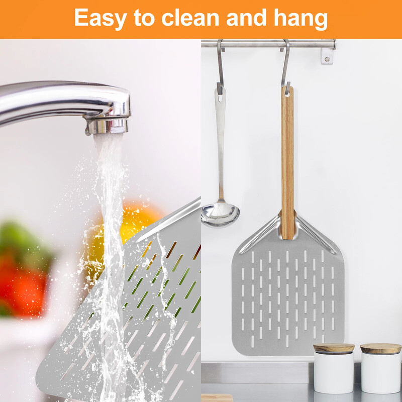 Lopată pentru pizza din aliaj de aluminiu de 12 inch cu mâner din lemn Lopată pentru pizza perforată antiaderentă Instrument de copt