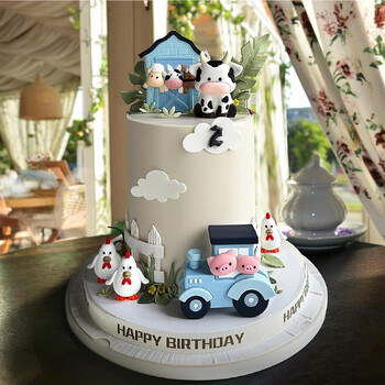 6 PCS Пиле и крава Влак Ферма Cake Toppers Карикатура Animal Cake Topper Декорации за парти за рожден ден Baby Shower Decor (синьо)