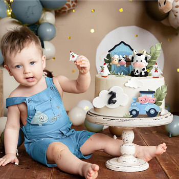 6 PCS Пиле и крава Влак Ферма Cake Toppers Карикатура Animal Cake Topper Декорации за парти за рожден ден Baby Shower Decor (синьо)