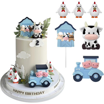 6 ΤΕΜ. Chicken and Cow Train Farm Cake Toppers Cartoon Animal Cake Topper Decoration for Birthday Party Baby Shower Decor (Μπλε)