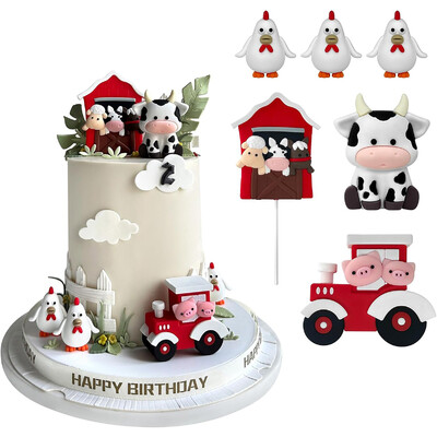 6 ΤΕΜ. Chicken and Cow Train Farm Cake Toppers Cartoon Animal Cake Topper Decoration for Birthday Party Baby Shower Decor (Μπλε)