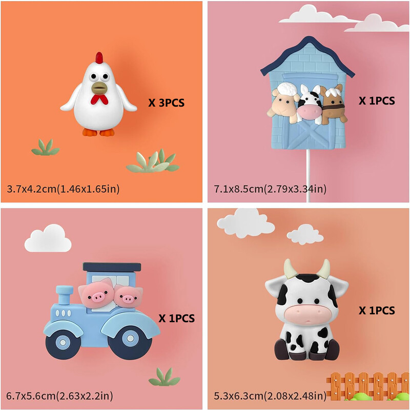 6 db Csirke- és tehénvonat-farm tortafeltét rajzfilm állati tortafeltét dekoráció születésnapi parti babaváró dekorációhoz (kék)