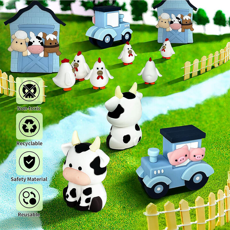 6 db Csirke- és tehénvonat-farm tortafeltét rajzfilm állati tortafeltét dekoráció születésnapi parti babaváró dekorációhoz (kék)