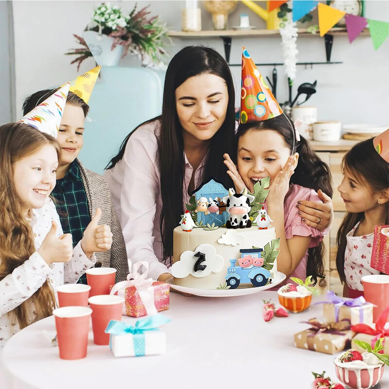 6 db Csirke- és tehénvonat-farm tortafeltét rajzfilm állati tortafeltét dekoráció születésnapi parti babaváró dekorációhoz (kék)