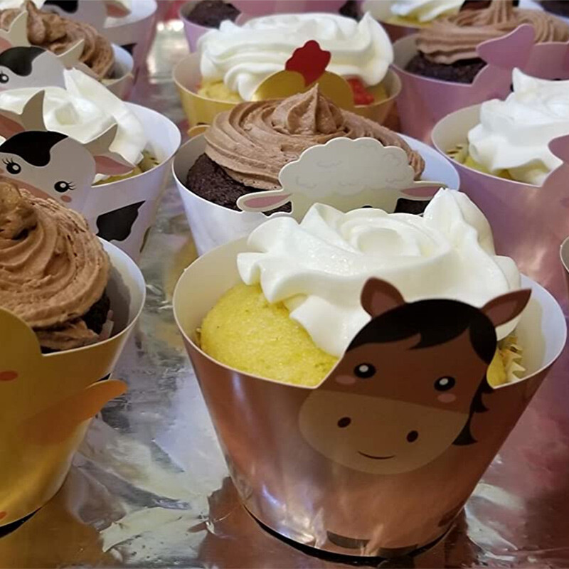 24 db Farm Animal Cupcake-csomagoló babaváró születésnapi buli esküvői party dekorációhoz