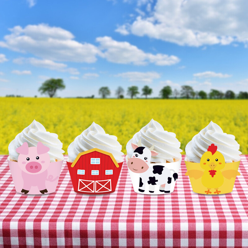 24 db Farm Animal Cupcake-csomagoló babaváró születésnapi buli esküvői party dekorációhoz
