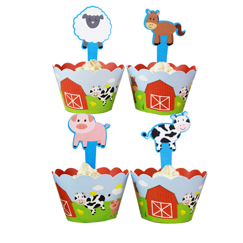 24 db Farm Animal Cupcake-csomagoló babaváró születésnapi buli esküvői party dekorációhoz