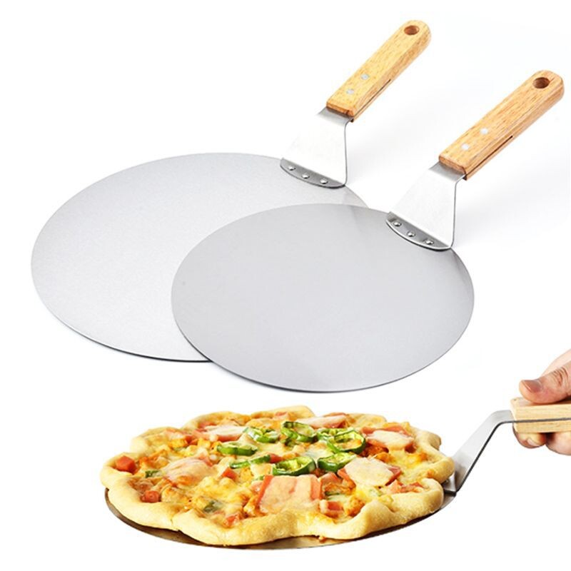 Pizzalapát tészta Eszközök Kiegészítők Pizza Peel Kerek Rozsdamentes Acél Tapadásmentes Pizza Lapát Spatula Tölgyfa Nyéllel