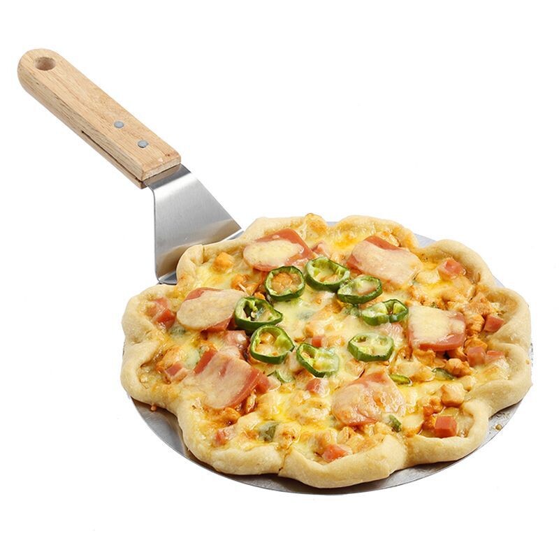 Pizzalapát tészta Eszközök Kiegészítők Pizza Peel Kerek Rozsdamentes Acél Tapadásmentes Pizza Lapát Spatula Tölgyfa Nyéllel