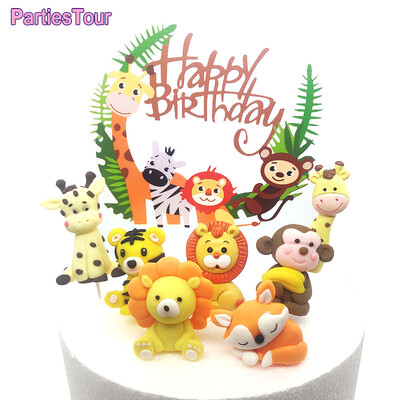 1 τμχ Cartoon Woodland Animals Cake Topper Jungle Safari Cupcake Decor Cute Forest Lion Tiger Toppers 1st Boy Birthday Cake Decor