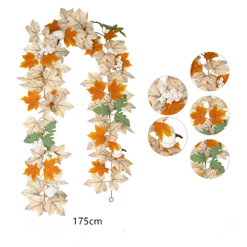 Őszi juharlevél füzér, mesterséges lombozatú sütőtök bogyó füzér, őszi függő szőlőfüzér hálaadás dekorációja