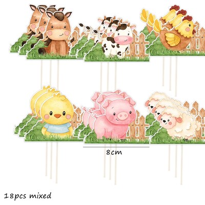 18 τμχ Carton Farm Animal Cupcake Toppers for Kids Farm Theme Happy Birthday Baby Shower Party Decorations DIY Cake Supplies