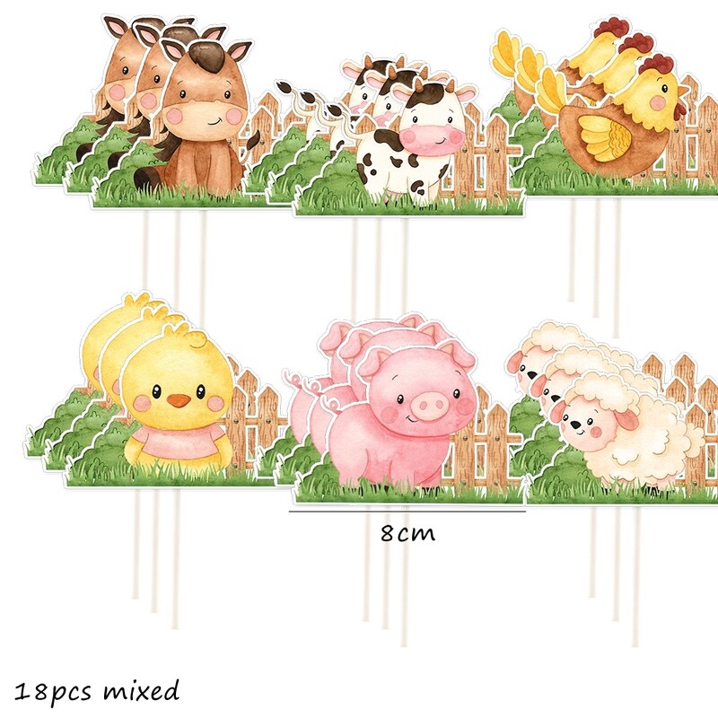 18db Karton Farm Animal Cupcake Topper gyerekeknek Farm témájú Boldog születésnapot Baby Shower Party Dekorációk Barkácsolás torta kellékek
