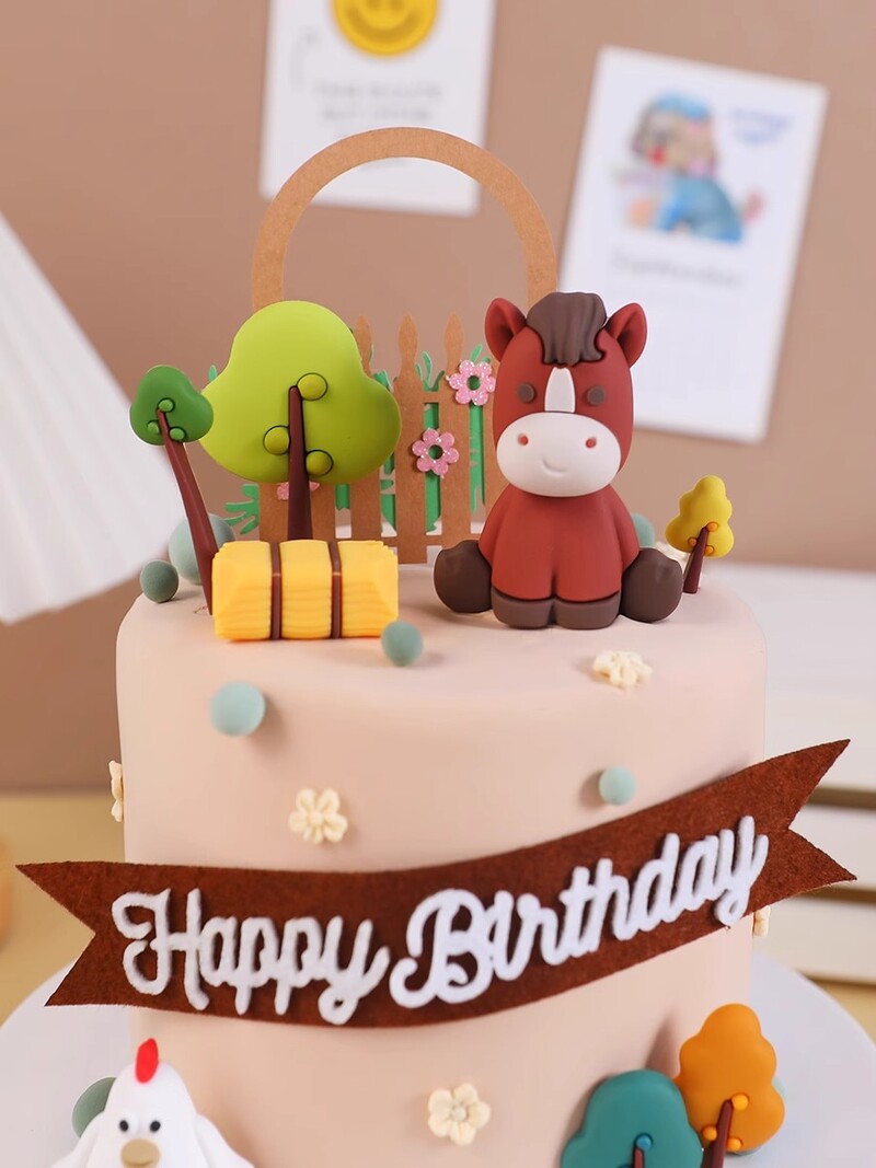Farm Cake Topper Barna Ló Torta Díszek Rajzfilm Ülő Póni Csaj Szénakazal gyerekeknek Születésnapi parti kellékek Születésnapi ajándék