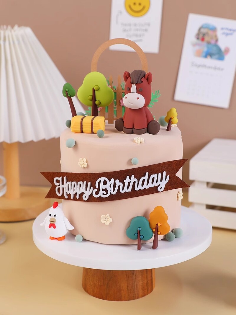 Farm Cake Topper Barna Ló Torta Díszek Rajzfilm Ülő Póni Csaj Szénakazal gyerekeknek Születésnapi parti kellékek Születésnapi ajándék