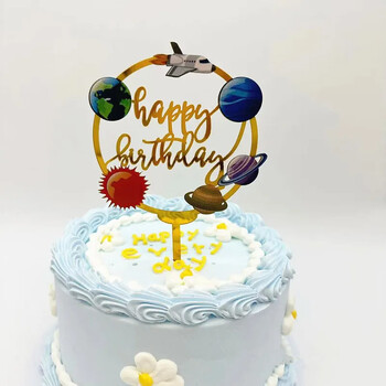 Ins Gold Space Planet Happy Birthday Cake Topper Сребърен висококачествен акрилен Kids Party Cake Topper Baby Shower Десертна декорация