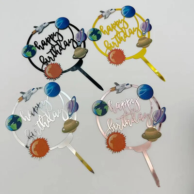 Ins Gold Space Planet Happy Birthday Cake Topper Ασημί Υψηλής ποιότητας ακρυλικό παιδικό πάρτι Topper Baby shower Dessert