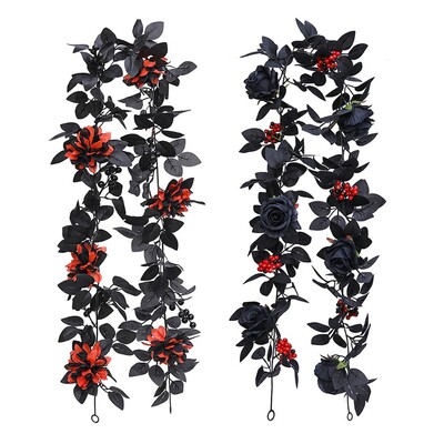 Artificial Rose Vines Halloween Hanging Rose Flower Garland with Black Leaf Handmade Halloween Garland for Table Centralpiece