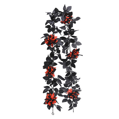 Artificial Rose Vines Halloween Hanging Rose Flower Garland with Black Leaf Handmade Halloween Garland for Table Centralpiece