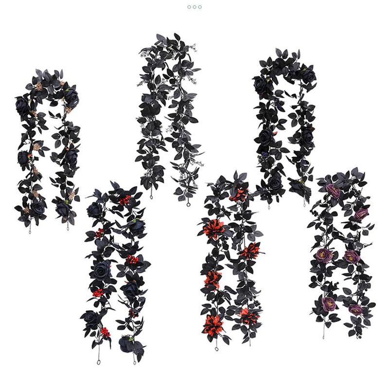 Mesterséges rózsaszőlő Halloween függő rózsa virágfüzér fekete levéllel Kézzel készített Halloween füzér asztali középső részhez