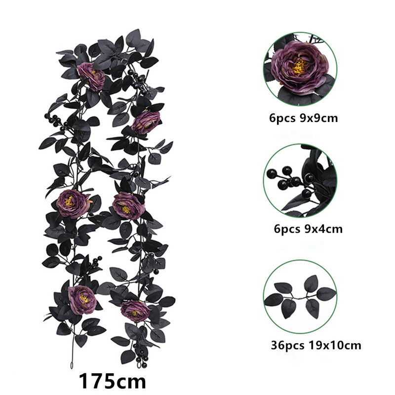Mesterséges rózsaszőlő Halloween függő rózsa virágfüzér fekete levéllel Kézzel készített Halloween füzér asztali középső részhez