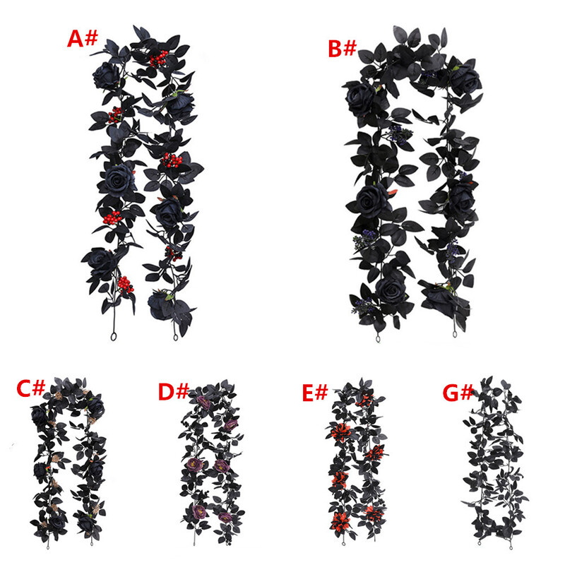 Mesterséges rózsaszőlő Halloween függő rózsa virágfüzér fekete levéllel Kézzel készített Halloween füzér asztali középső részhez
