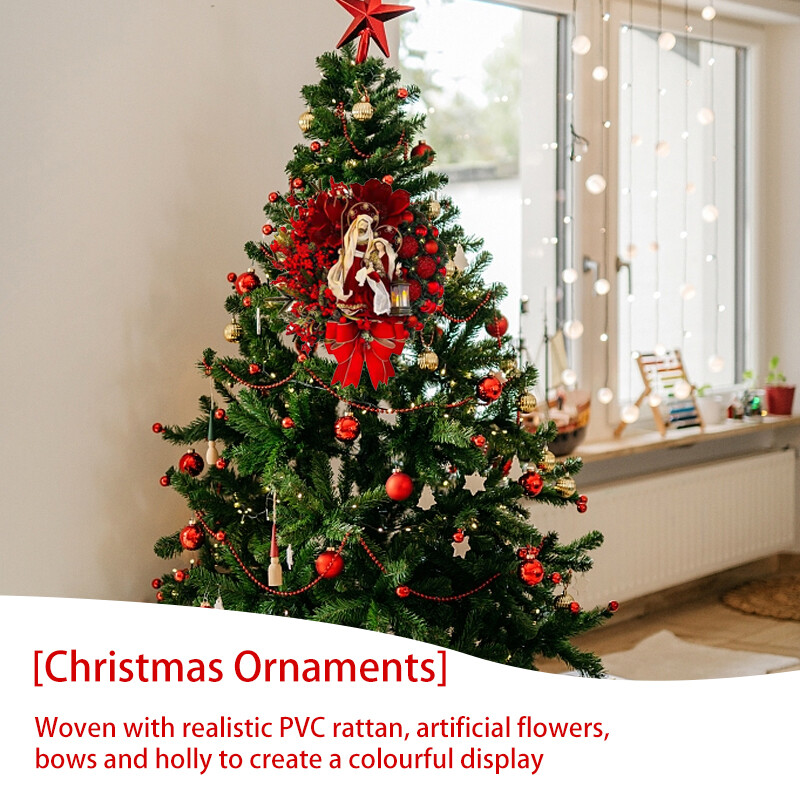 Piros koszorú lámpával íj labdával nagy virág Navidad party karácsonyi fal ajtó ablak kandalló lépcsőház erkély kert dekoráció