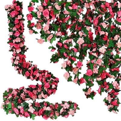 2,5m Rose Vine Fake Flower Garland Τεχνητά λουλούδια που κρέμονται για γάμο Τριαντάφυλλο κισσός Κρεμαστά καλάθια Αψίδα Διακόσμηση φόντου κήπου