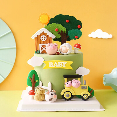 Happy Birthday Cake Topper Farm Zoon Polymer Clay Tractor Calf Lamb Kids Party Διακόσμηση κέικ ντους μωρού Διακόσμηση επιδόρπιο