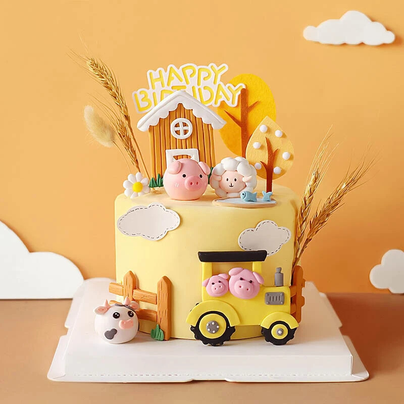 Boldog születésnapot Cake Topper Farm Zoon polimer agyag traktor borjú bárány gyerekek buli torta dekoráció baba zuhany desszert dekoráció