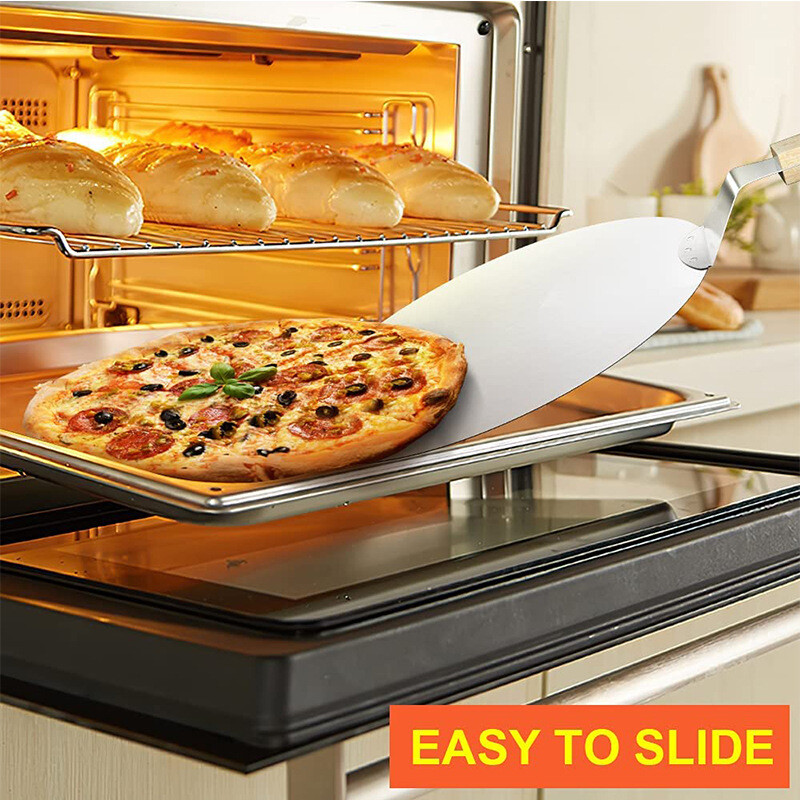 Pizzalapát tészta Eszközök Kiegészítők Pizza Peel Kerek Rozsdamentes Acél Tapadásmentes Pizza Lapát Spatula Tölgyfa Nyéllel