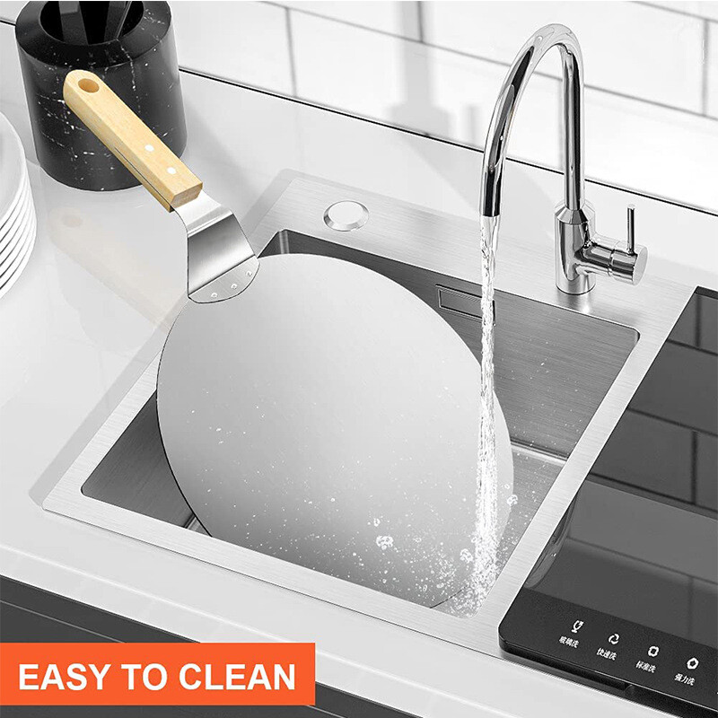 Pizzalapát tészta Eszközök Kiegészítők Pizza Peel Kerek Rozsdamentes Acél Tapadásmentes Pizza Lapát Spatula Tölgyfa Nyéllel