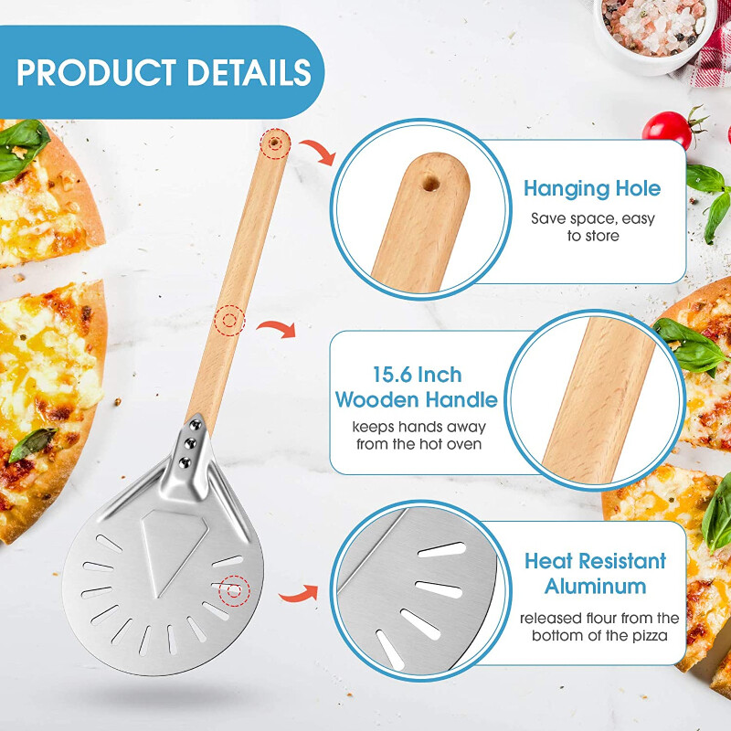 7/8/9 inch, aluminiu perforat, coajă pentru pizza, paletă rotundă de metal pentru pizza, mâner din lemn antiderapant, spatulă pentru pizza, lopată, unelte de coacere