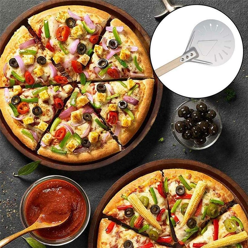 7/8/9 inch, aluminiu perforat, coajă pentru pizza, paletă rotundă de metal pentru pizza, mâner din lemn antiderapant, spatulă pentru pizza, lopată, unelte de coacere
